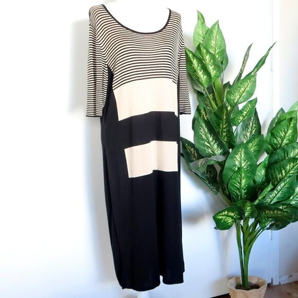 Marina Rinaldi Dresses & Skirts - Marina Rinaldi Black Beige Viscose Wool Cashmere Striped Knit Shift Midi Dress